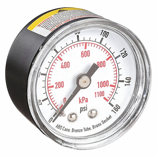 Gauge, pr 0-160 w/bush, 2" face, 1/4 ctr